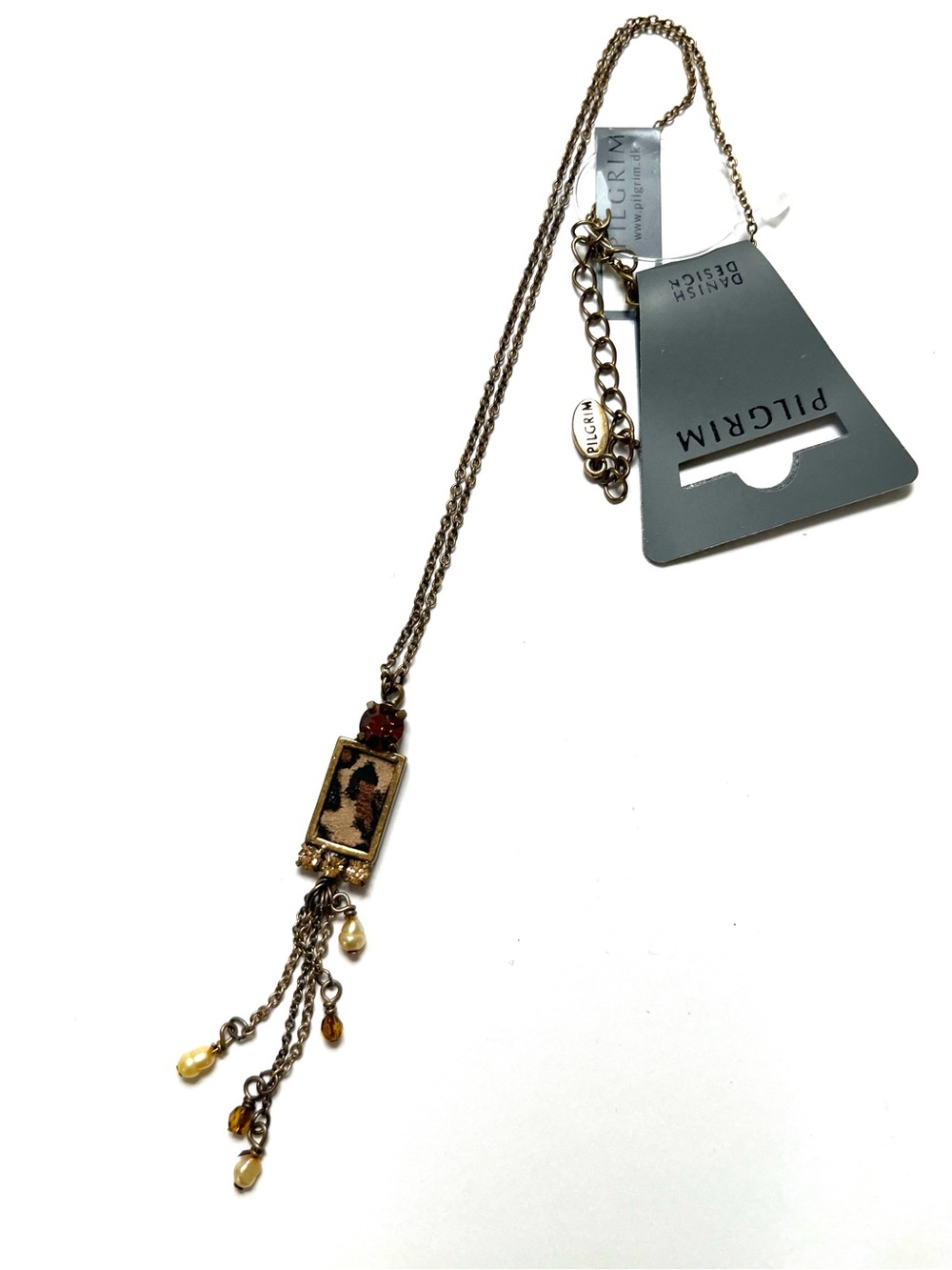 Pilgrim Gold-Tone Leopard Print Pendant Necklace with Tassel Drops